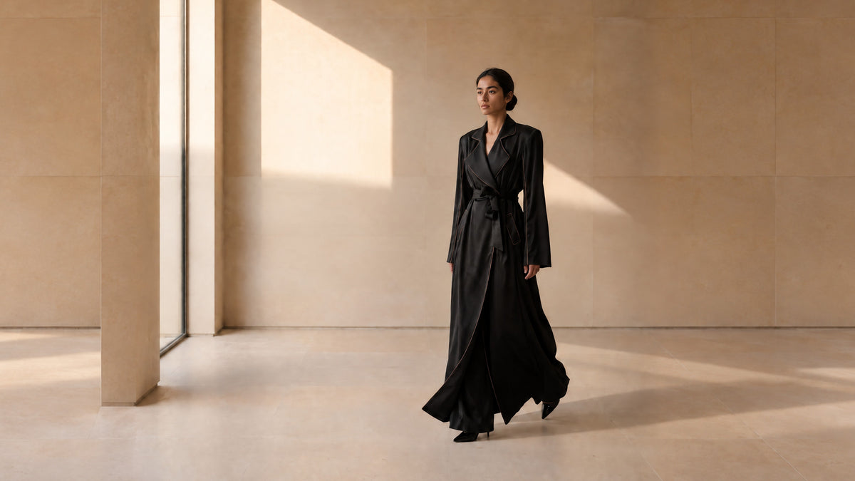 Evada Capsule 03: The Vanguard Coat in black satin, worn in a sunlit minimal limestone gallery